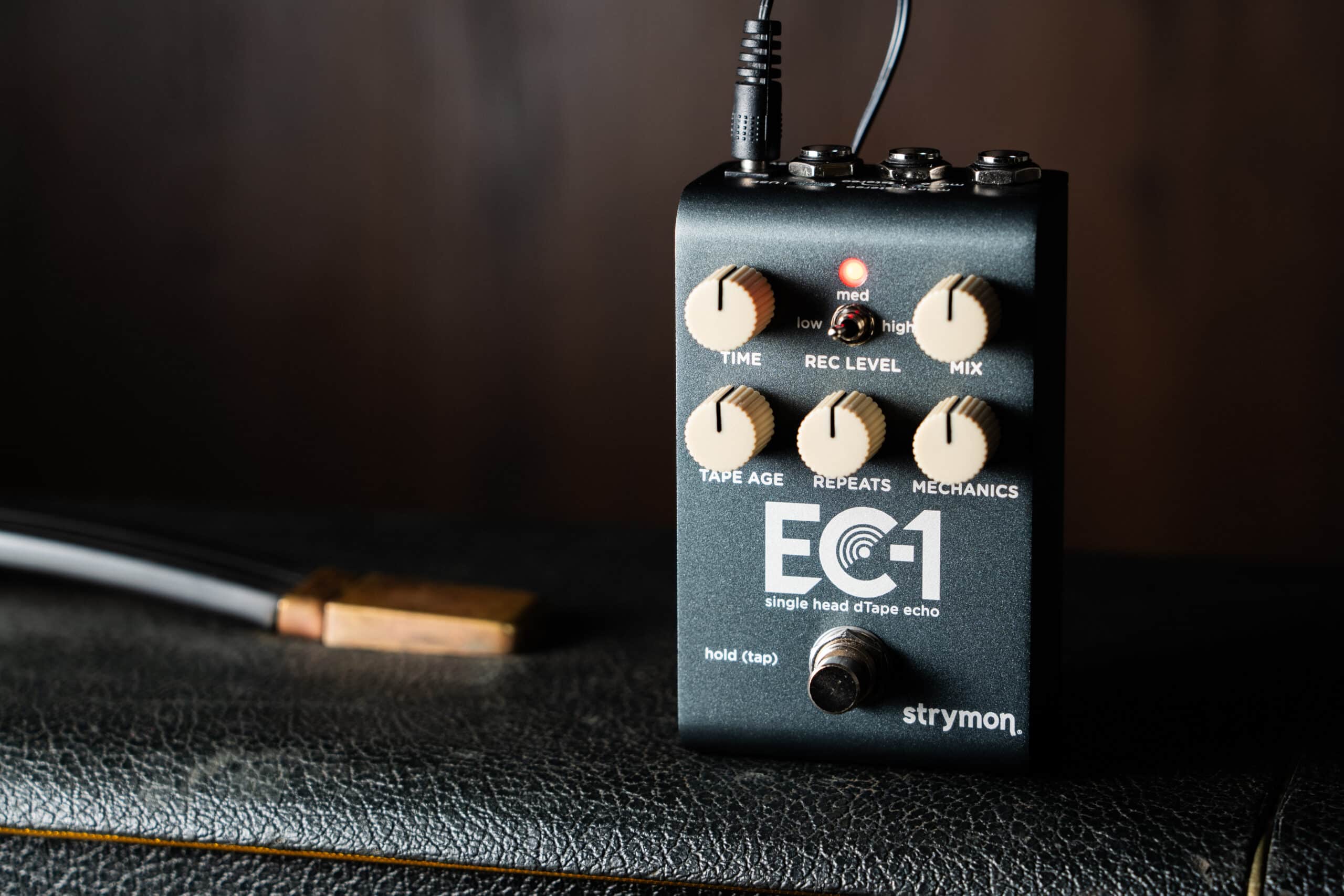 Strymon EC-1 on top of an amp against a dark wood wall.